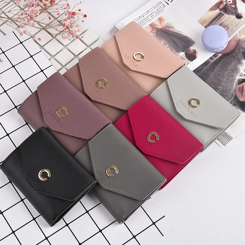 

Ladies short wallet high quality PU tri-fold multi-function card holder flip snap button student cute coin purse designer clutch