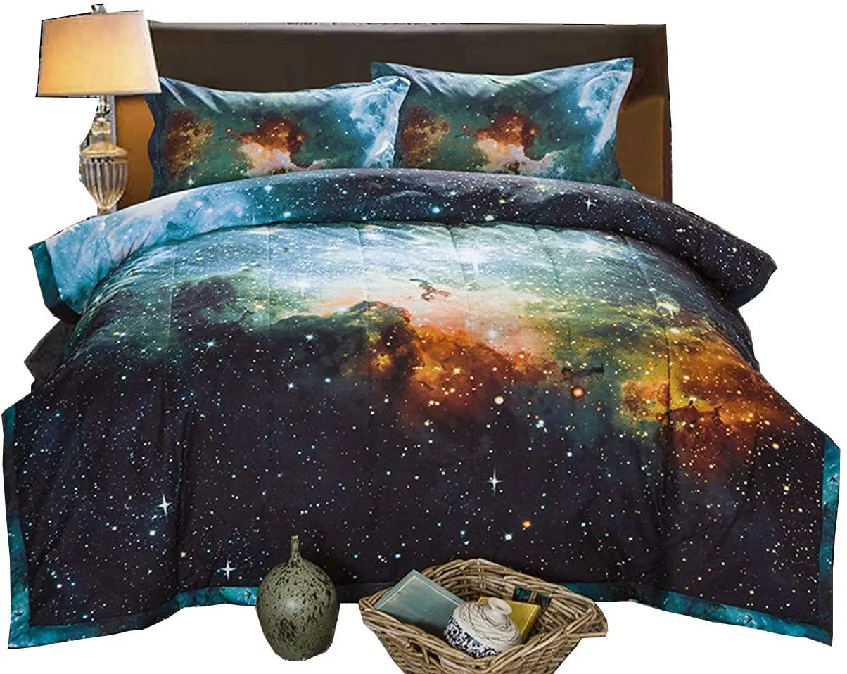 

A Nice Night Black and Blue Galaxy Bedding Sets 3D Printed Cloud Quilt Comforter Sets with 2 Bedroom Pillow Covers Full Size.