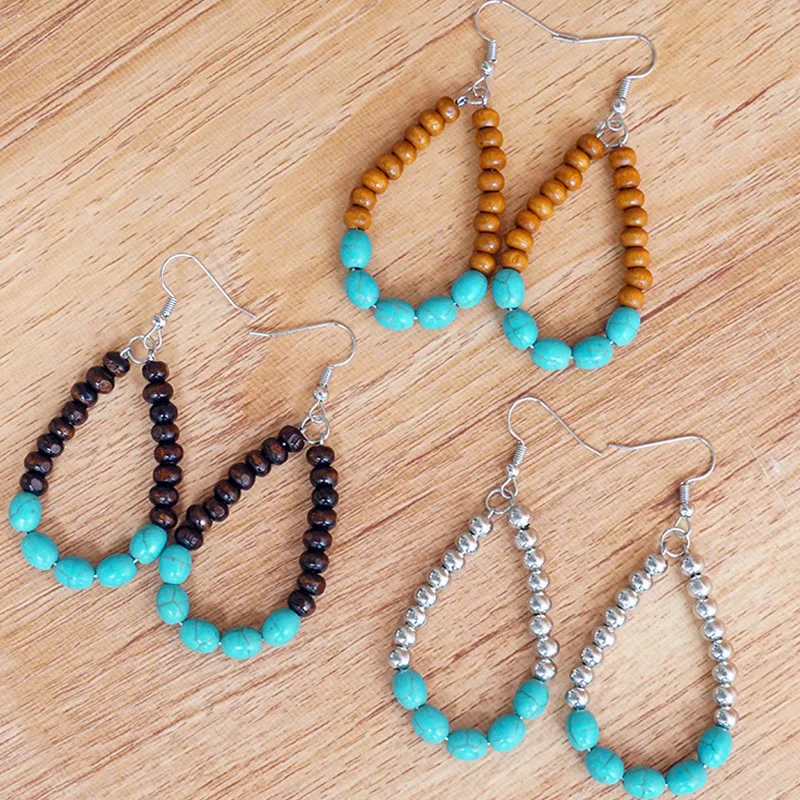 

2021 New Three Colors Turquoise Stone Wood Beads Hollow Out Water Drop Earrings for Women
