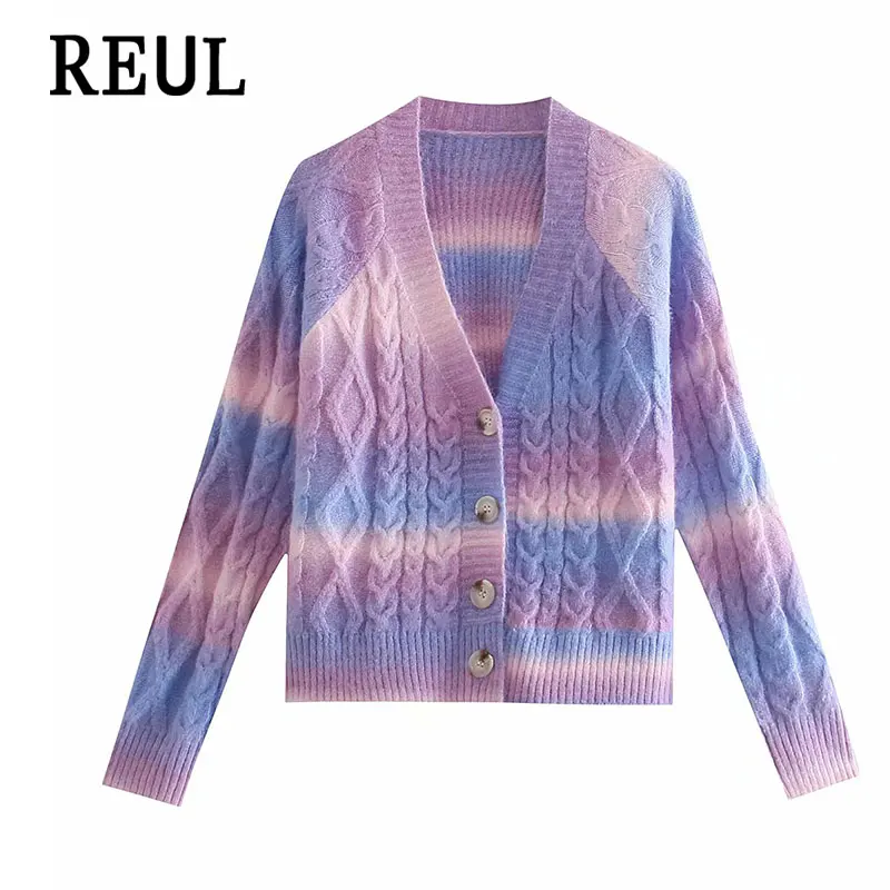 

REUL 2021 Za Women Fashion Knitted Stripe Tie Dye Loose Sweater Vintage V Neck Elastic Long Sleeve Female Pullovers Chic Tops