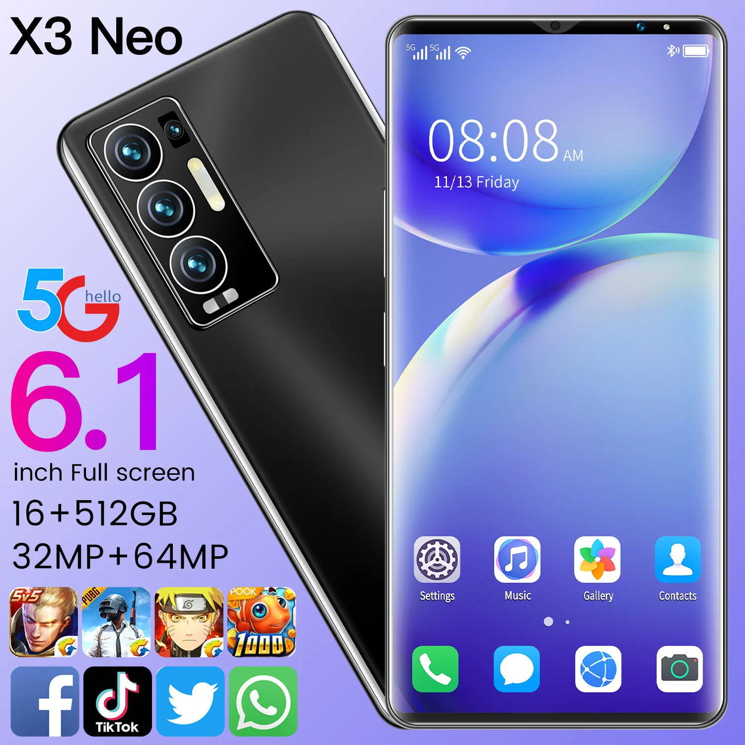 

X3 Neo 16GB+512GB 4G 5G Network MT6889 Smartphones Deca Core 6000mAh 6.1 Inch HD Screen Celular Hot Global Version Mobile Phone