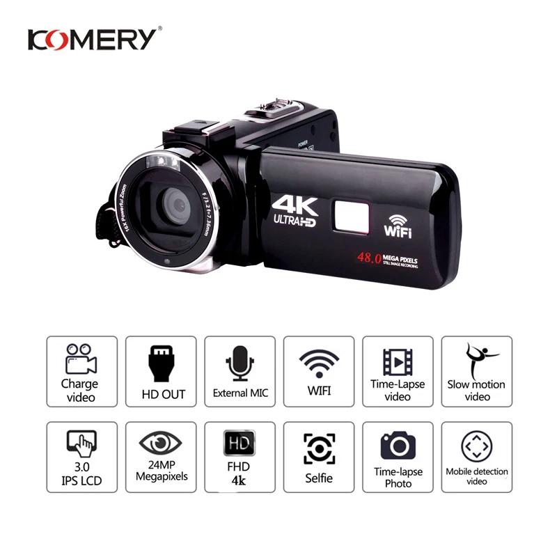 Видеокамера KOMERY 4K веб камера 48 МП сенсорный экран поддержка Wi Fi|Любительские