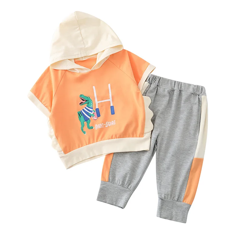 

Baby Boy Cute Casual Clothes Set Kids Girls Summer Cartoon Dinosaur Short Sleeve Hoodie+pants Infant Sportsuits Toddler Clothes