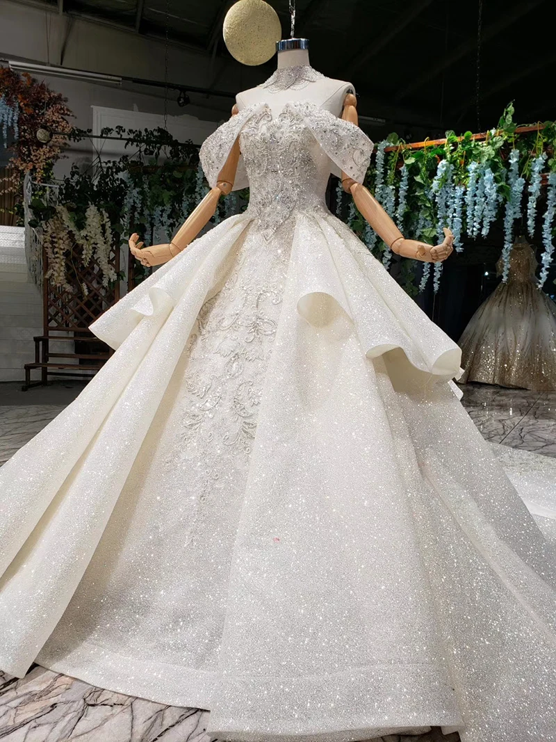 HTL988 vestido de noiva, свадебные платья принцессы, блестящее свадебное платье с открытыми плечами, воротником из бисера, цепочкой, королевским шлейфом, trajes de novia
