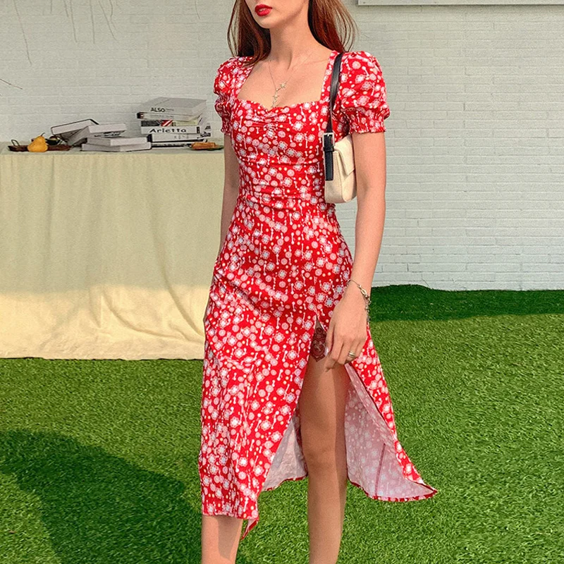 

Floral Print Square Collar Dresses New Summer Ruffle Puff Sleeve Slim Split Midi Woman Chiffon Dress