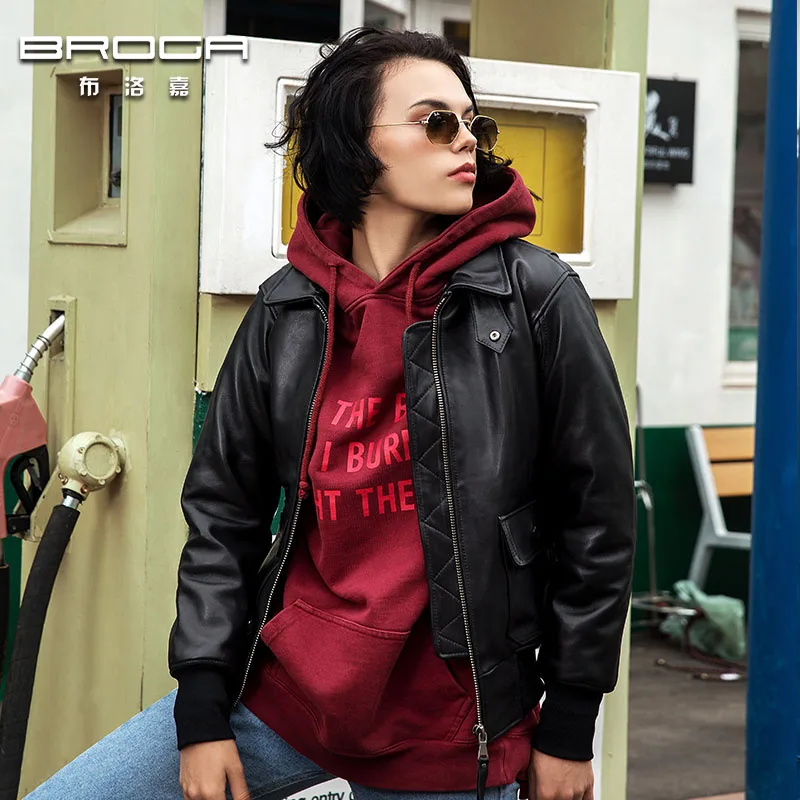 Leather dress women's Sheepskin Haining G1 air force flight suit, jacket, women's long-sleeved Lapel and cotton black winter coa