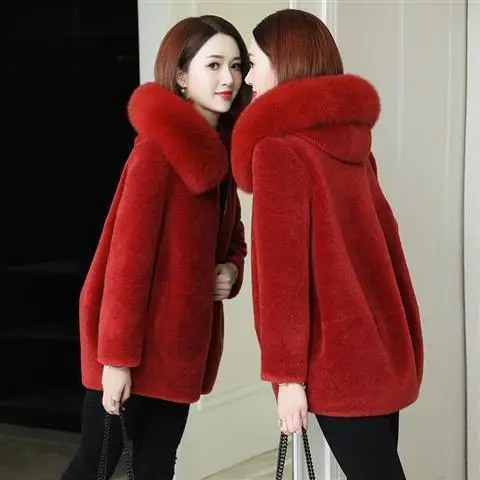 Women 2021 Winter Real Wool Fur Coat Jacket with Natural Fox Fur Collar Hood Female Warm Coats Lady Sheep Shearling Outwear A265