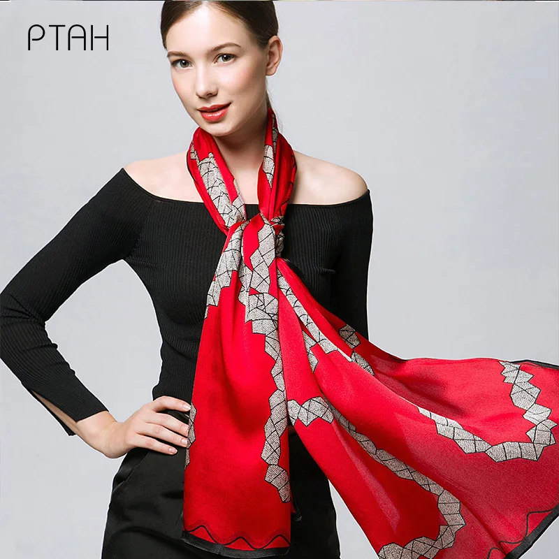 

[PTAH] Mom Gifts 100% Mulberry Silk Scarf Ladies Banquet Soft Comfort Breathable Digital Print Large Scarf High Quality 180*65cm