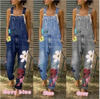 summer new ladies suspenders jeans are thin and high waist commuter large size printed suspenders womens denim trousers ws48