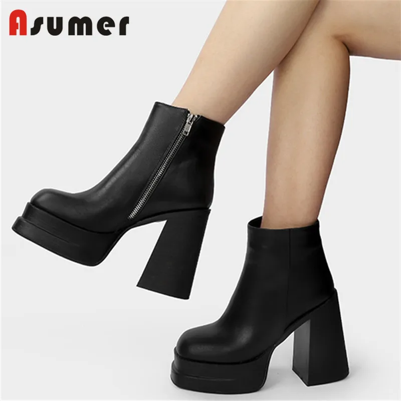 

Asumer 2022 New Arrive Genuine Leather Boots Women High Heels Platform Shoes Zip Vintage Sexy Nightclub Shoes Women Ankle Boots