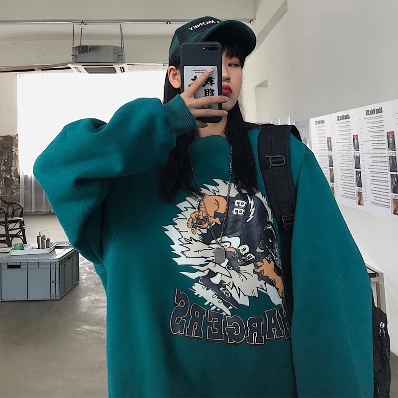 

Women Hoodies Harajuku Plus Velvet Thicker Loose Korean Style Womens New Printed Fashion Kpop Ins Retro Hoodle