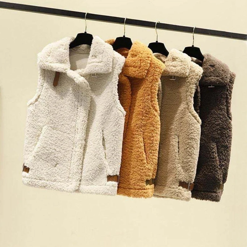 

SURUFENG Fashion Lamb Wool Autumn Winter Sleeveless Coat Women Vest Fleece Shaggy Warm Cropped Jackets Overcoat Zip-Up Outwear