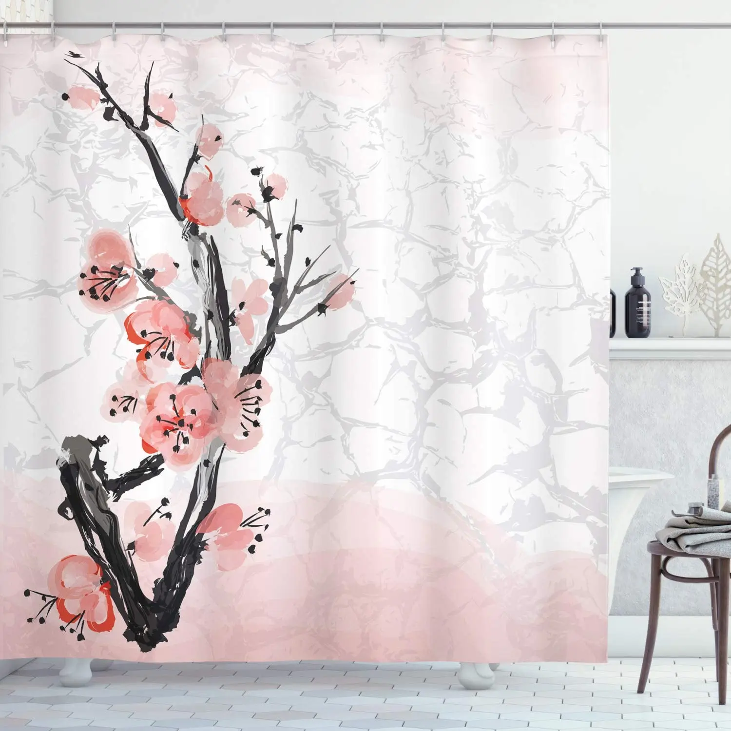 japanese cherry blossom bathroom shower curtains anime spring plum red pink floral sakura ink painting flowers bath curtain set free global shipping