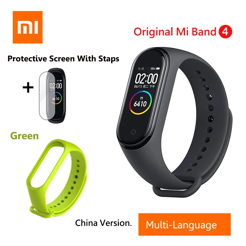 Add Green Strap Xiaomi Mi браслет 4 умный английский Русский Испанский фитнес-браслет с частотой сердечных сокращений 135 мАч Bluetooth 5,0 50 м водонепроницаемый - Цвет: Add Green Strap