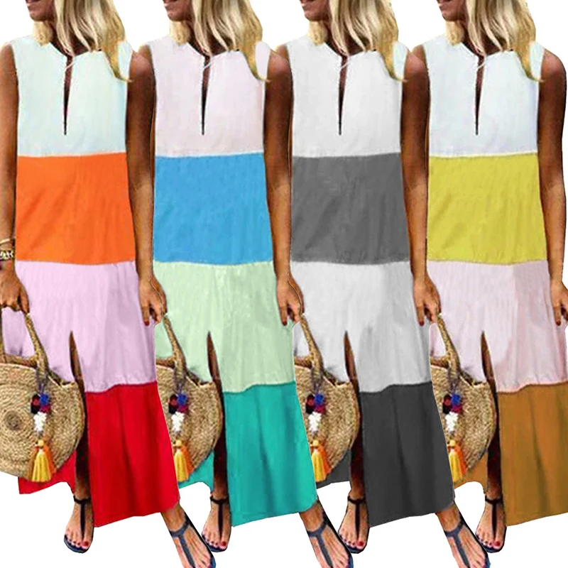 

Color Block Dress Women Sleeveless Casual V Neck Contrast Dress Front Slit Sukienka 2021 Loose Summer Maxi Dress Cotton Linen