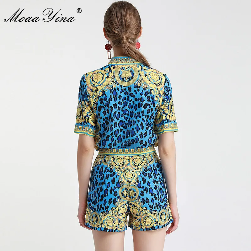 

MoaaYina Fashion Designer Set Spring Summer WomenShort sleeve Beaded Vintage Dot Print Shirt Tops+Shorts Two-piece suit