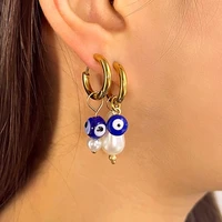 1pair vintage blue turkish evil eye stainless steel hoop earrings for women asymmetry pearl circle ear ring lucky eye jewelry