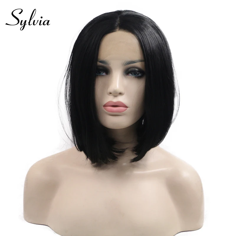 Sylvia 1B черные короткие прямые синтетические парики на шнурках спереди из