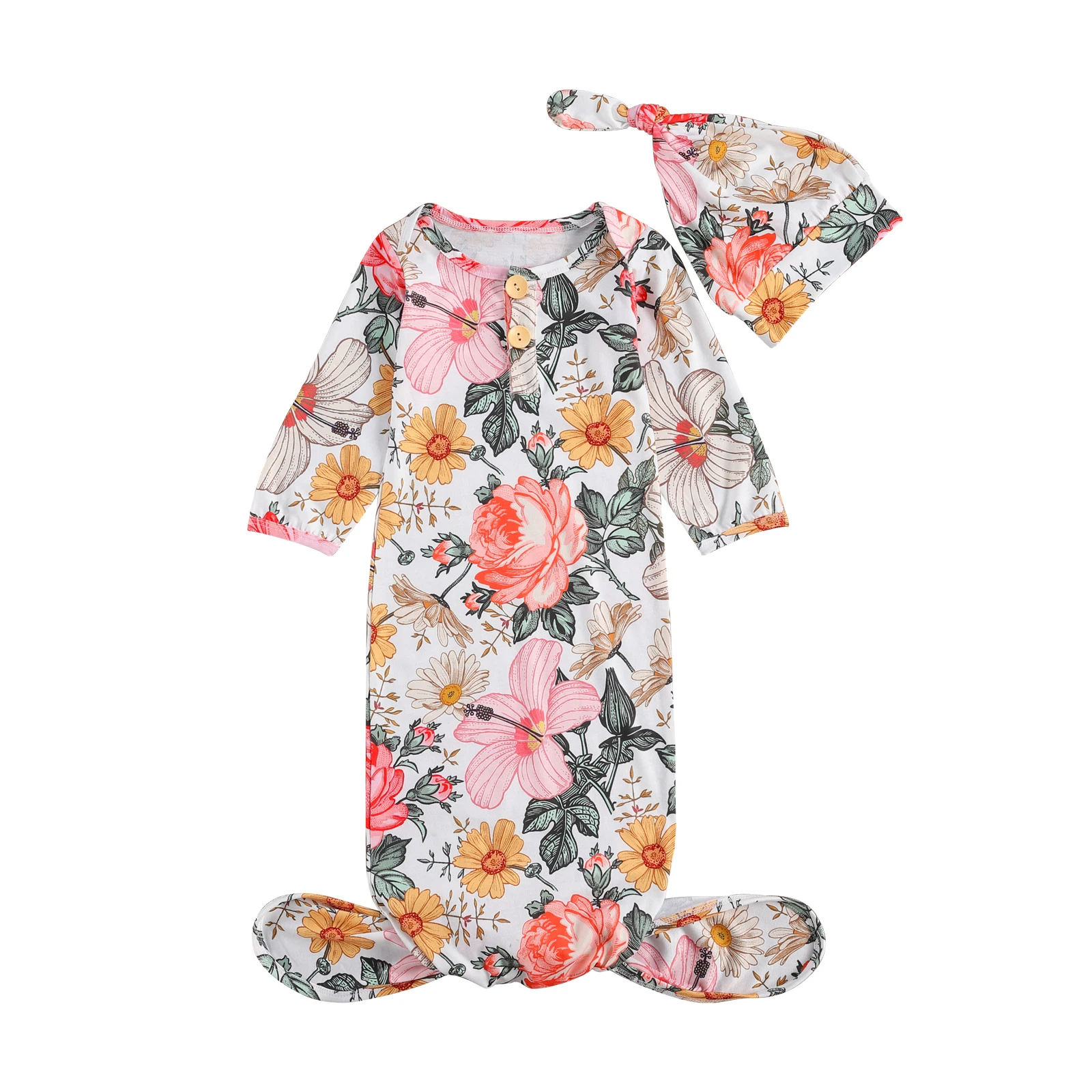 

2Pcs Baby Children Girls Boys Floral Print Sleeping Bags Hat Long Sleeve O Neck Infant Toddler Cotton Autumn Sleep Bag 0-3M