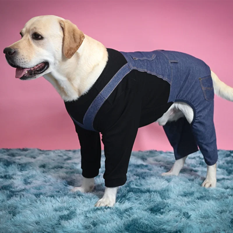 Fall/winter dog big dog clothes Labrador denim one-piece jeans dress handsome and play cool four-legged dog coat Big dog pajamas