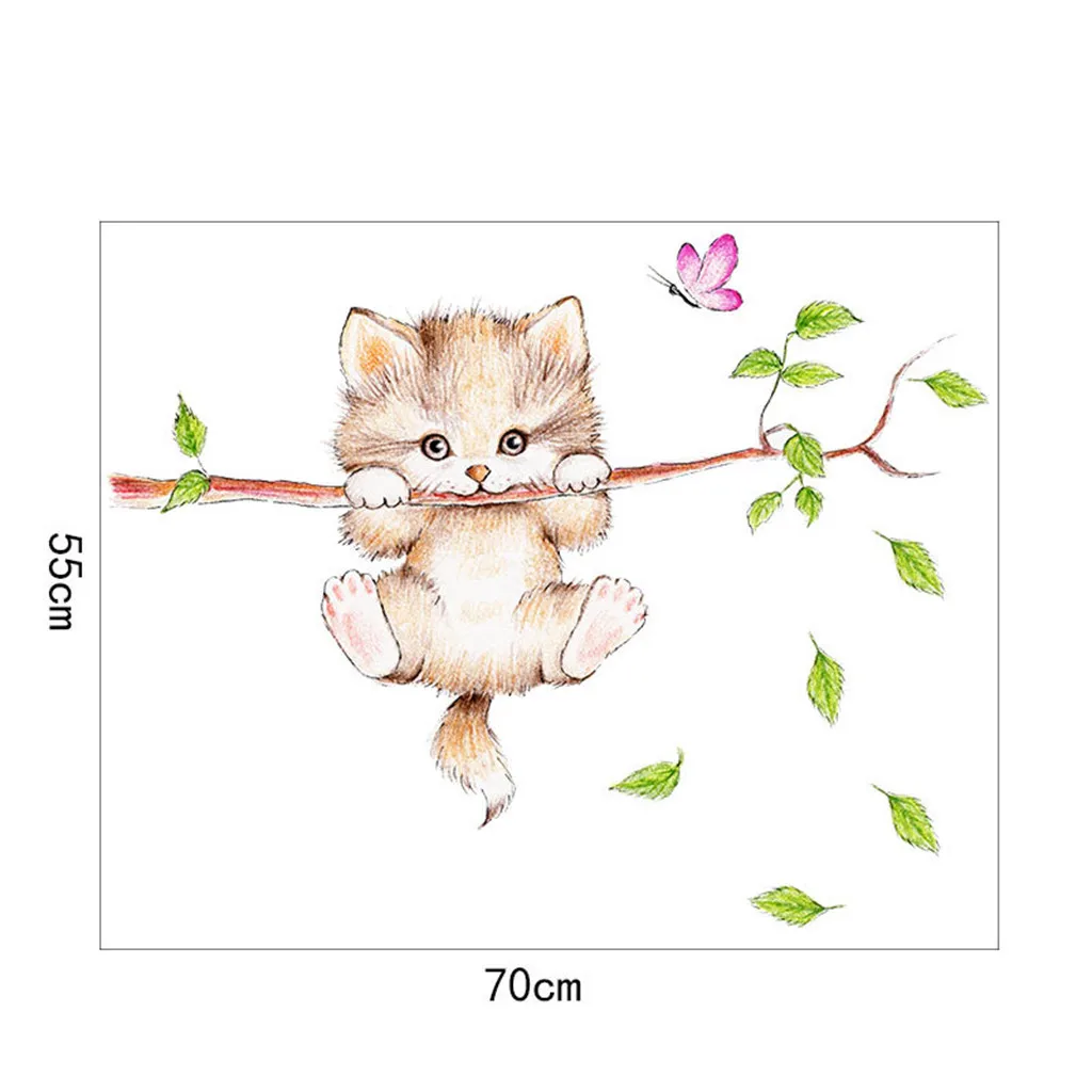 Мультяшные милые кошки весенние зеленые листья Наклейка на стену для детской