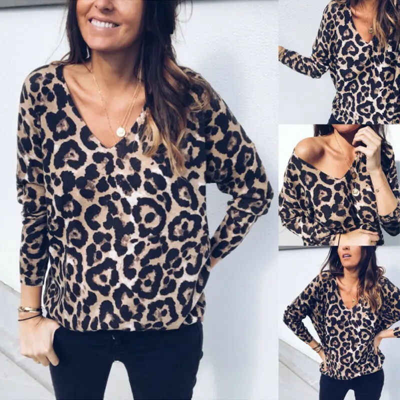 

Новые женские футболки с леопардовым принтом и V-образным вырезом, свободная футболка с длинным рукавом, базовый топ