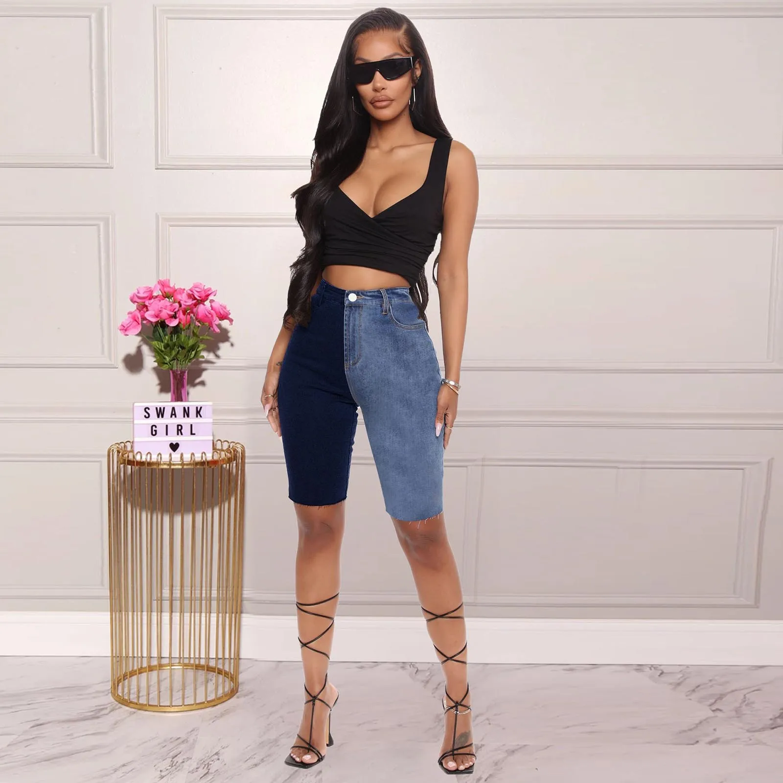 

Summer new style ladies fashion polyester solid color stitching casual button denim shorts casual denim stitching shorts 02*