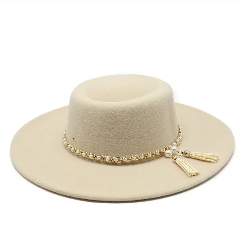 

Summer Simple Dome Solid Color Wool Felt Jazz Fedora Hats with Pearl Chain Men Women Wide Brim Panama Trilby Cap Autumn winter