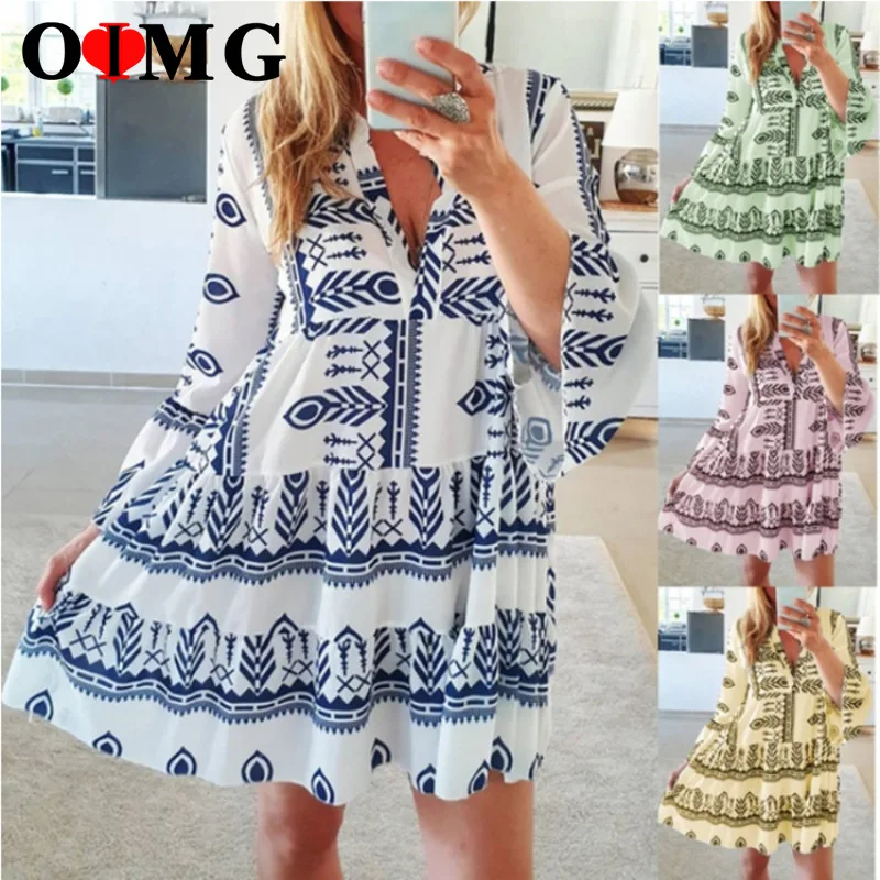 

OIMG Geometric Print patchwork Loose Dress Summer sexy lady Casual Sweetwear Long Sleeve Boho Beach Dresses Dropshipping 10151