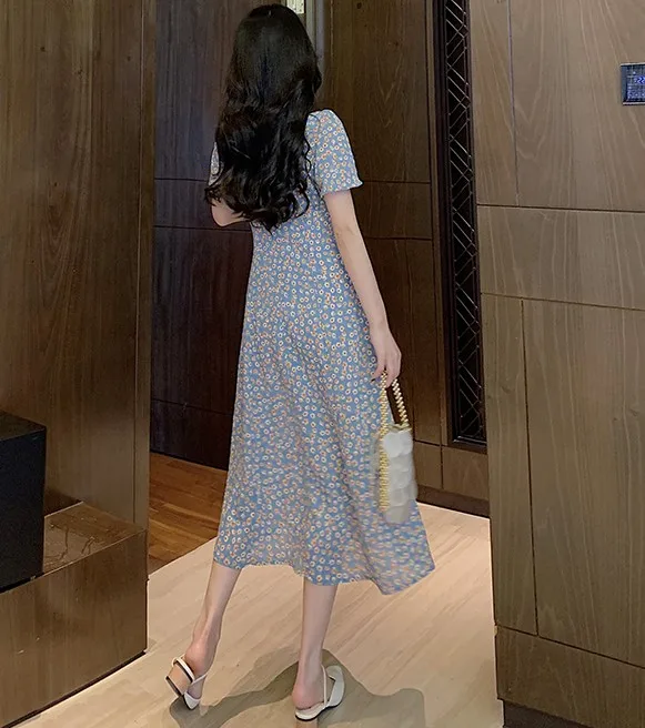 

Women Retro Floral Dress Summer Fashion V Neck Slim Long Vestido Elegant Chiffon Short Sleeve Long Dresses Femme