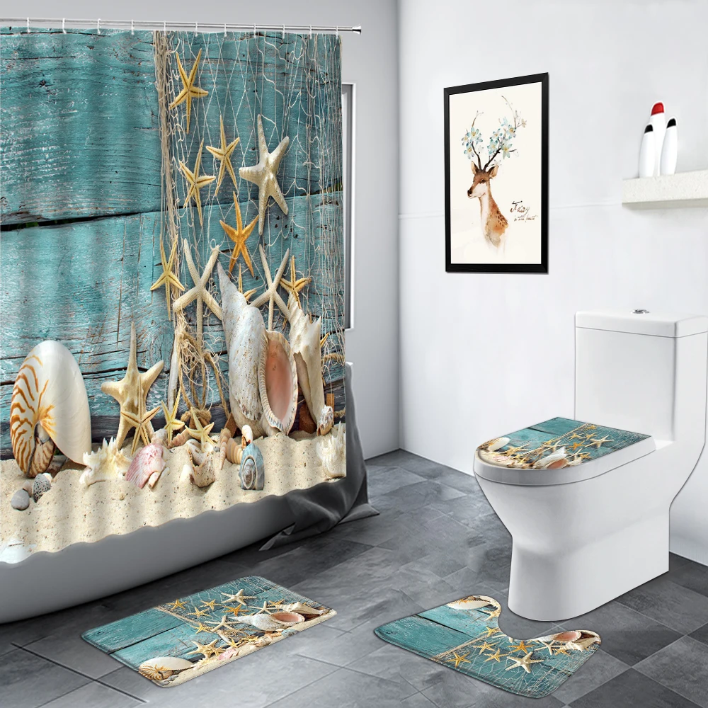 

Beach Starfish Shell Shower Curtain Set Sea Wave Sailboat Creative Design Children Bathroom Carpet Anti-slip Rug Toilet Bath Mat