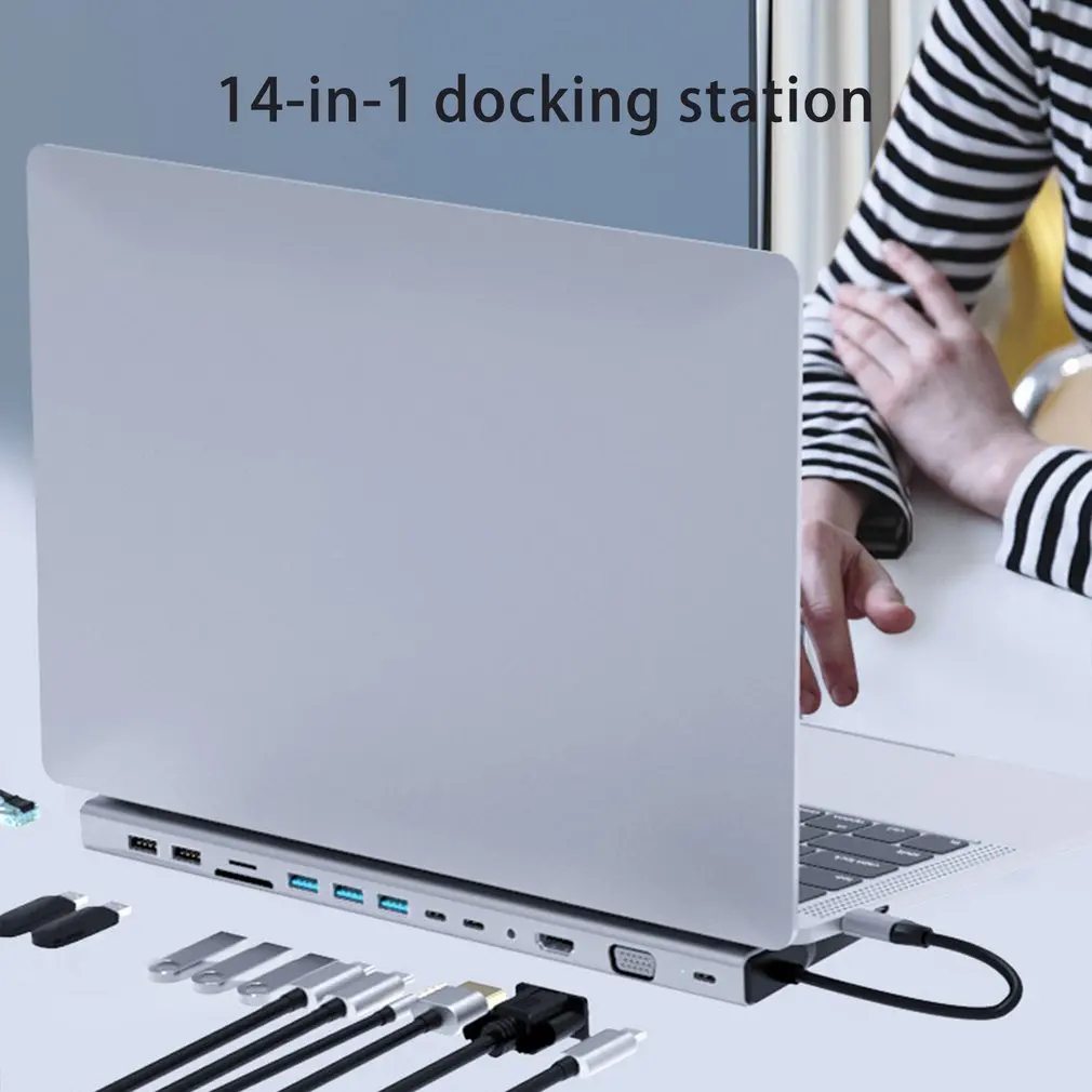 

Adapter 14-In-1 Type C Hub USB C To HDMI-compatible VGA RJ45 USB 3.0 Ports Card Reader USB-C Power Delivery Adapter