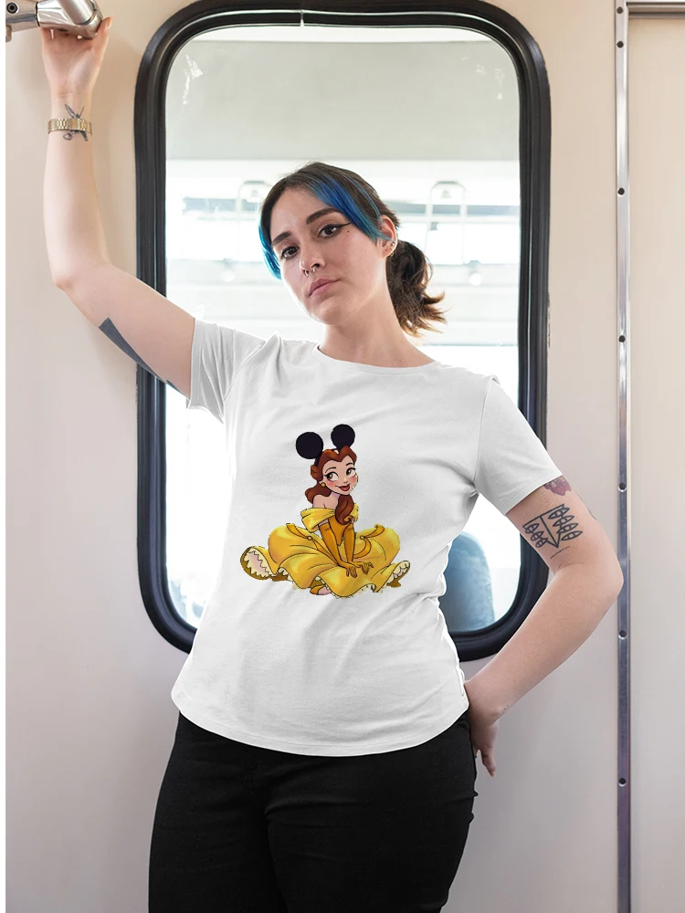 

Женские футболки Kawaii с принтом принцессы Микки, летняя городская повседневная одежда Disney, новинка 2023, милая уличная футболка для дам