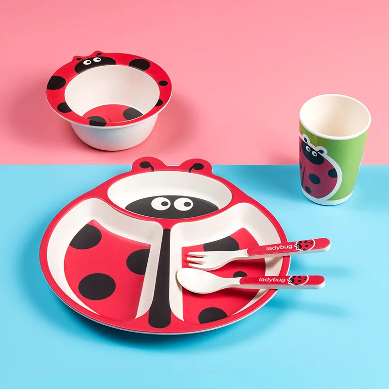 

2021 Bamboo Fiber Children's Tableware Set Creative Cartoon Bowl Divided Plate Spoon Fork Cup Five-Piece Gift Tableware Set