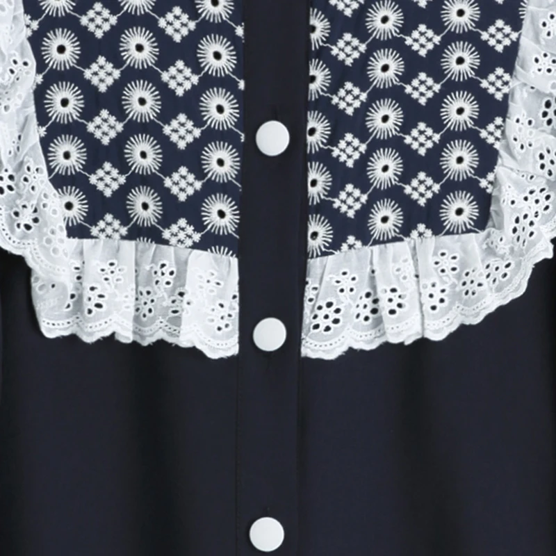 

VGH Vintage Patchwork Lace Ruffle Shirt For Women Lapel Long Sleeve Casual Printed Blouse Female Fashion New Clothing 2020