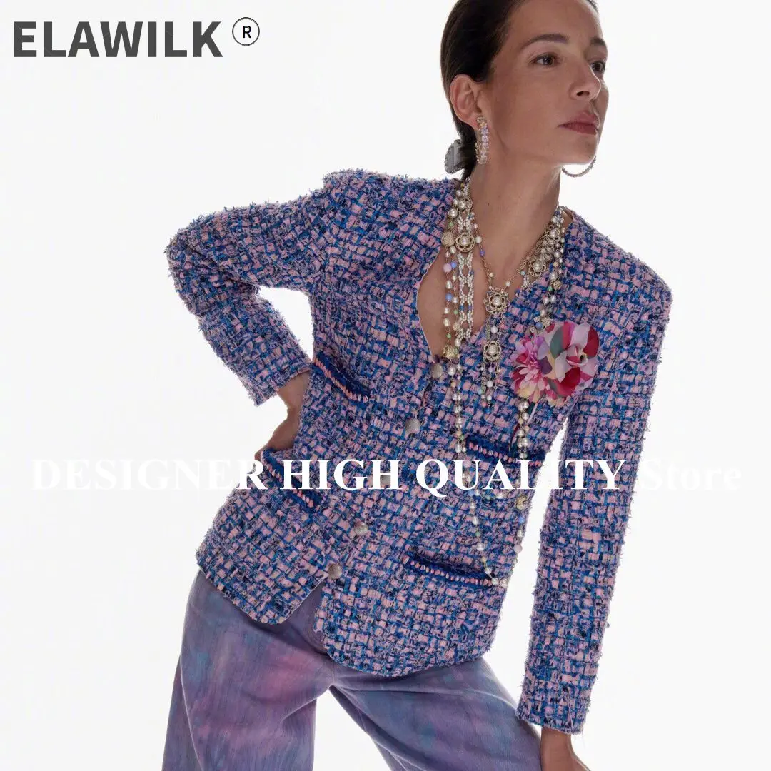 

Top Quality Blue Flower Print Plaid Retro Tweed Jacket Women V-neck Single Breasted Pockets Elegant Lady Temperament Brand Coat
