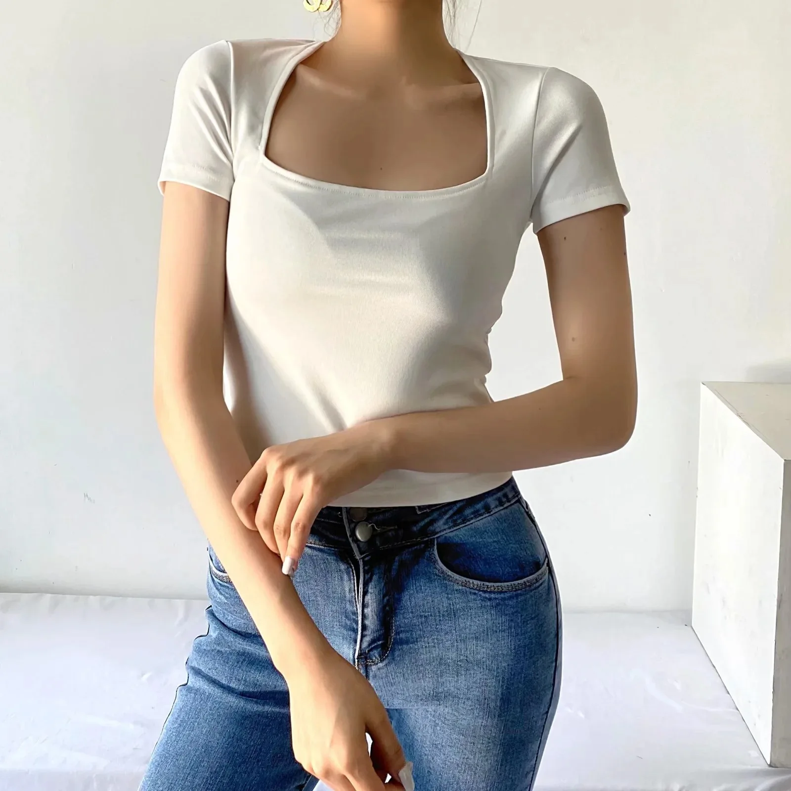 

Short sleeve T-shirt women's 2021 summer new net edition elastic base shirt women's solid color navel top