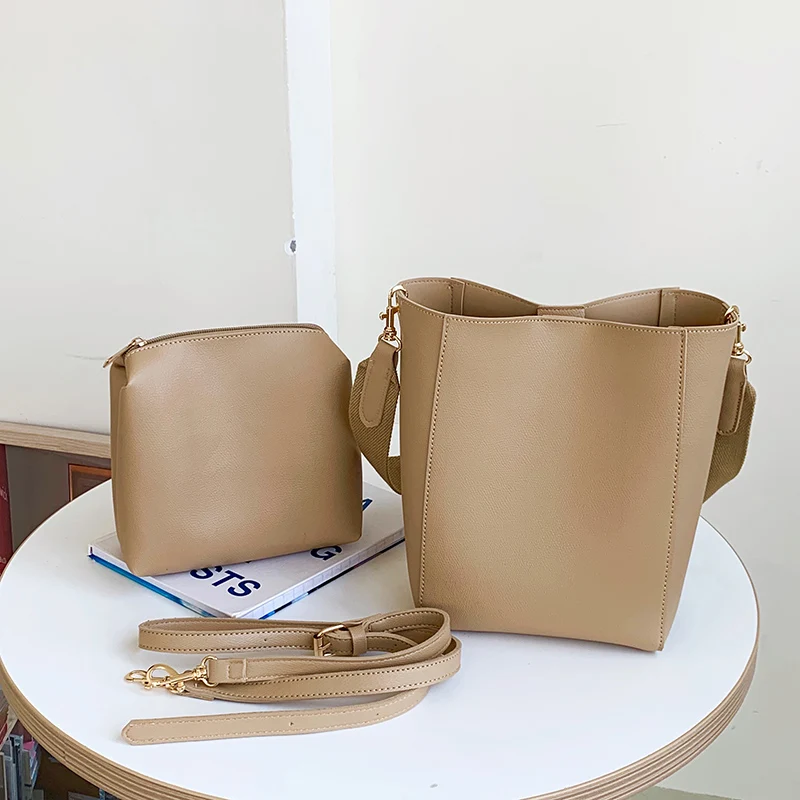 

Women Bucket Shoulder bag PU Leather Composite Bags Fashion Women's Totes 2Pcs bolsos Wide shoulder strap Crossbody Bag handbags