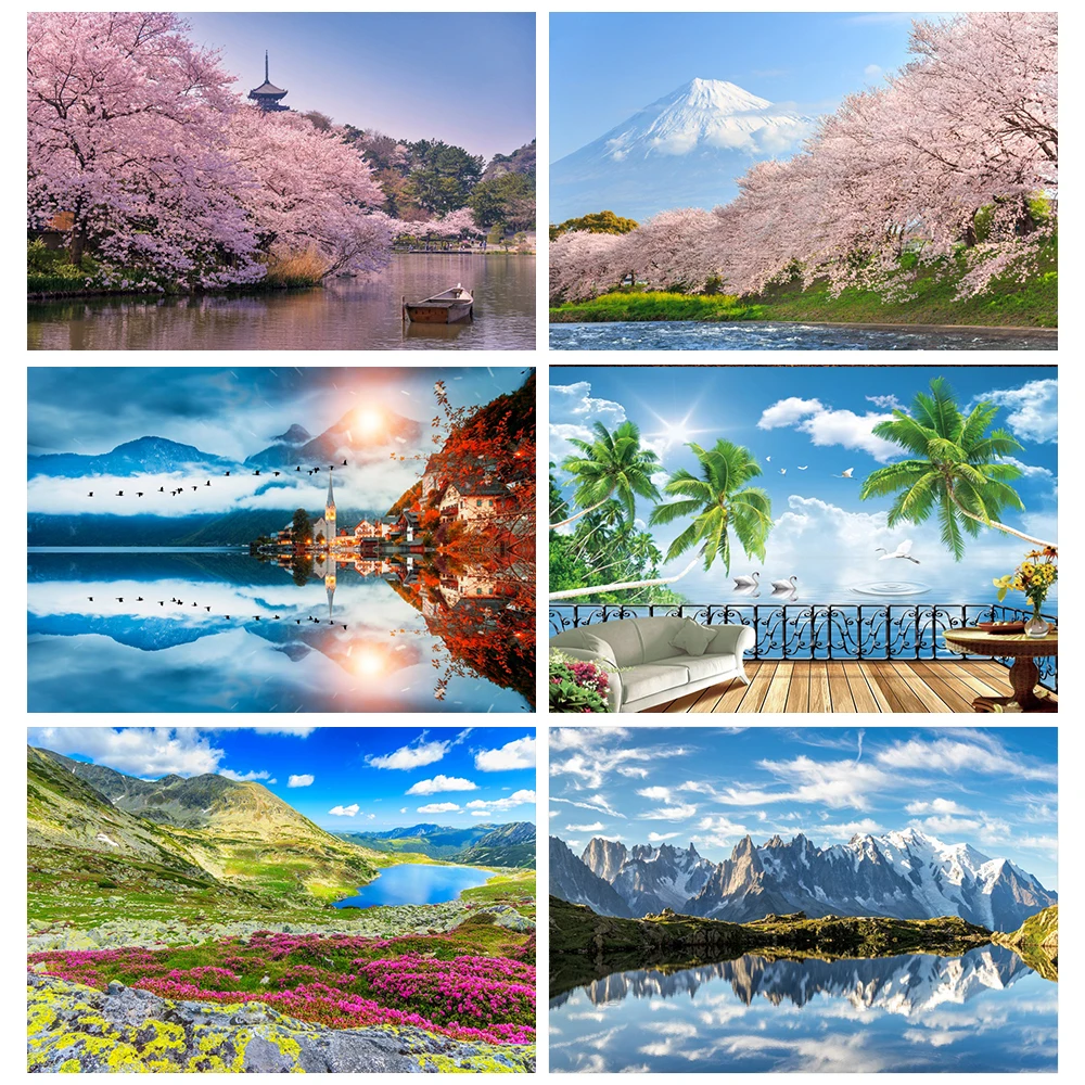 Весна вишня в цвету цветы речная лодка горный морской Живописный фон для