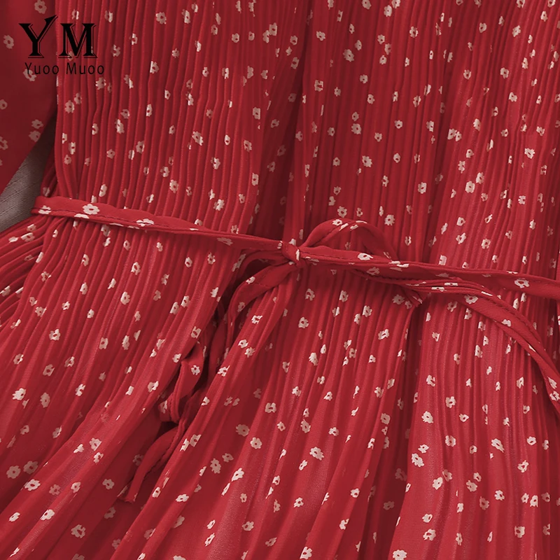 YuooMuoo Korean Flower Print Ruffled Chiffon Dress 2019 Long Sleeve Autumn Women Midi Pleated Fashion Red Festival | Женская одежда