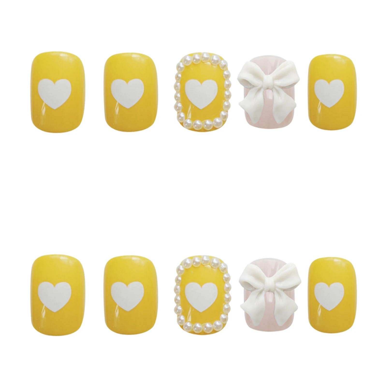 

24pcs Pearl Inlaid Yellow Nail Patch Glue Type Removable Long Paragraph Fashion Manicure Save Time False Nail Patch