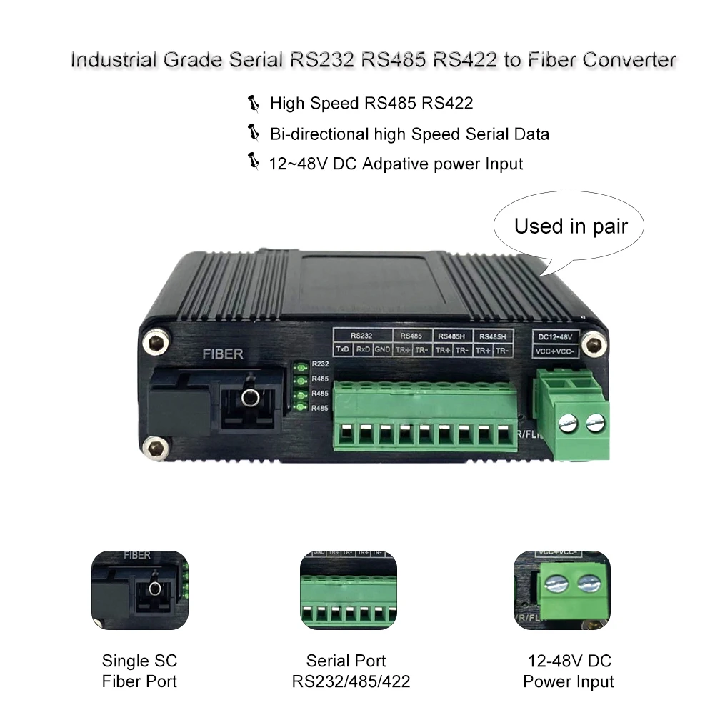 Industrial RS232 RS485 RS422 Optic Modem SC Single Fiber SM 20/40/60Km Serial to Fiber Converter Aluminum Casing 12-48V