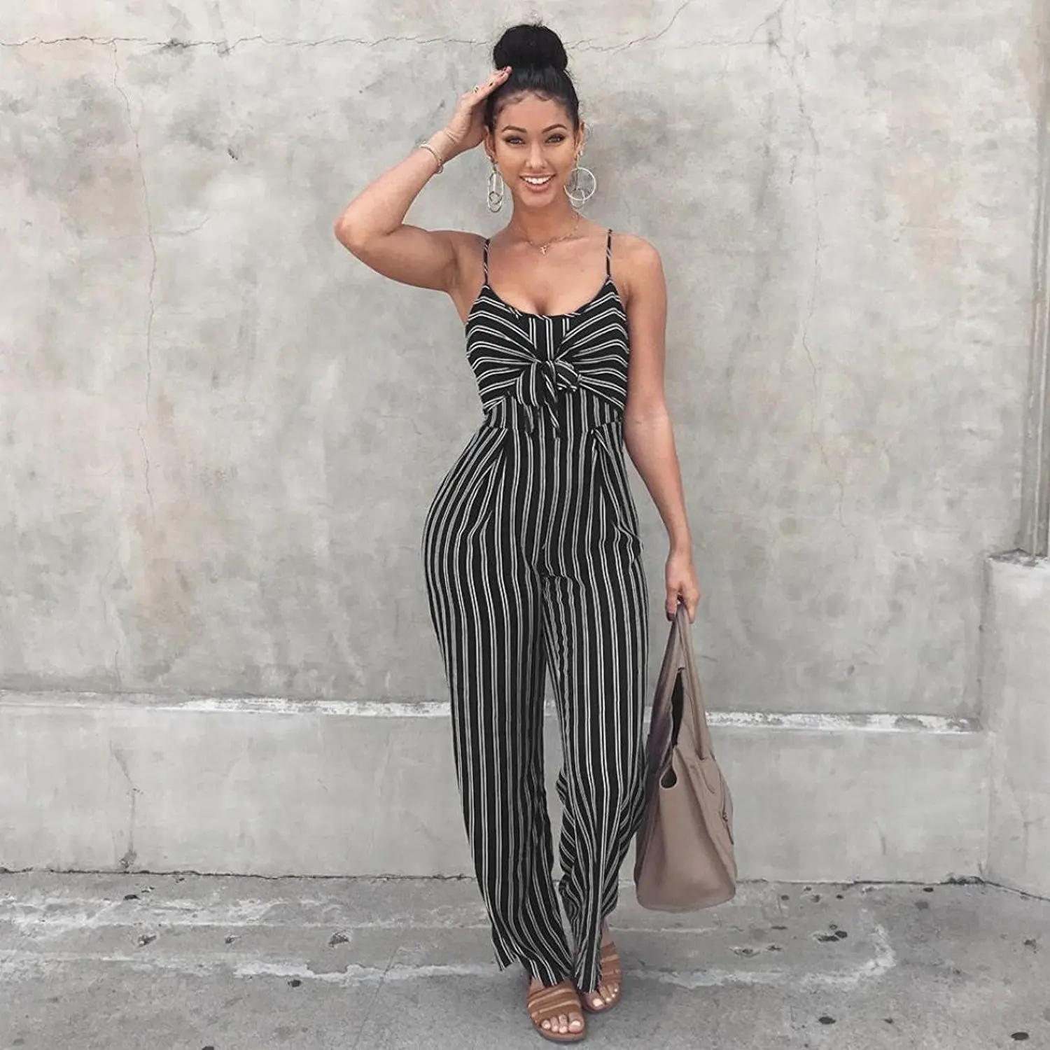 

FNOCE Foreign Trade Cross-border Summer Striped Hanging Wide Loose Fashion Casual Out Of The Street Women's jumpsuit