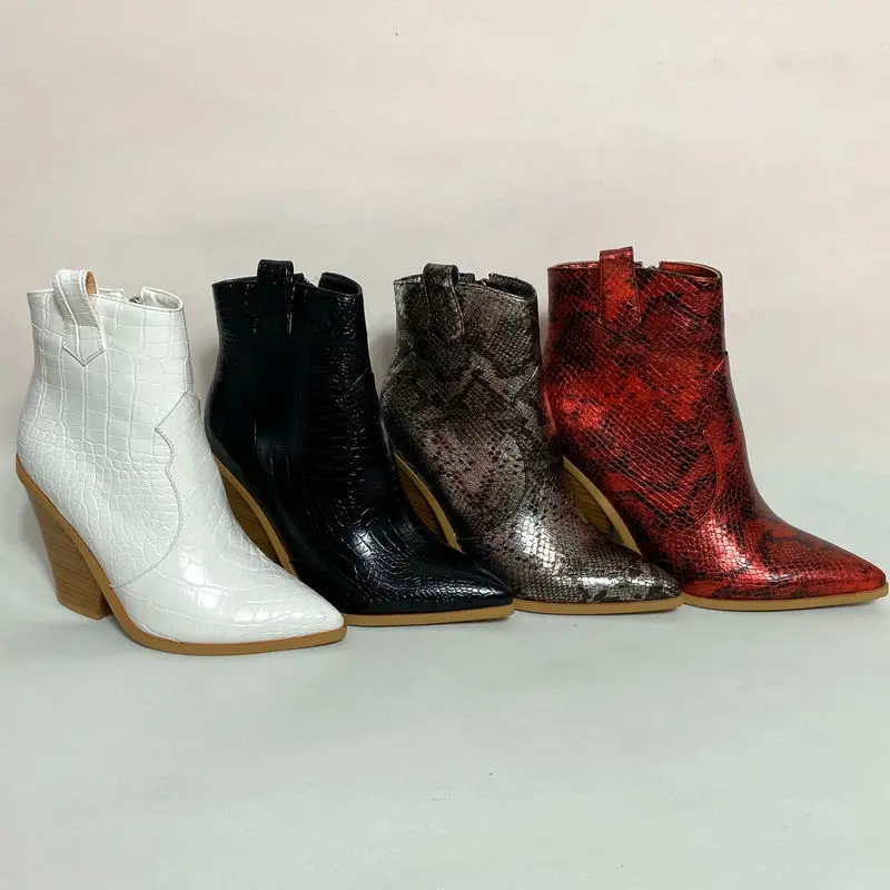 Fashion Ankle Boots Women Faux Leather Wedges High Heels Western Boots Pointed Toe Zipper Autumn Winter Short Boots Woman Shoes