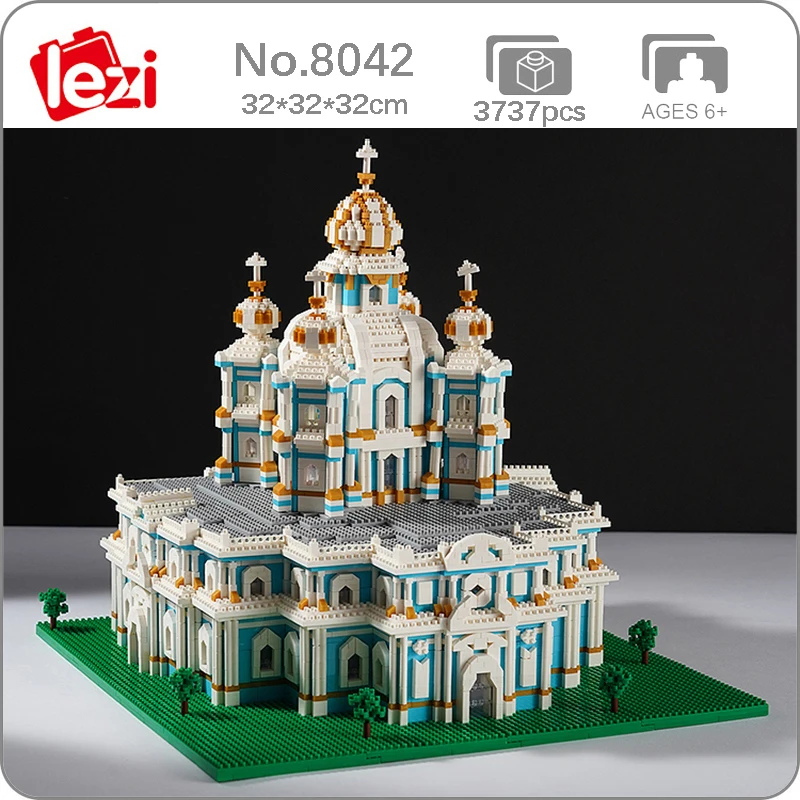 

Lezi 8042 World Architecture Russia Smolny Monastery Church 3D Model Mini Diamond Blocks Bricks Building Toy for Children no Box