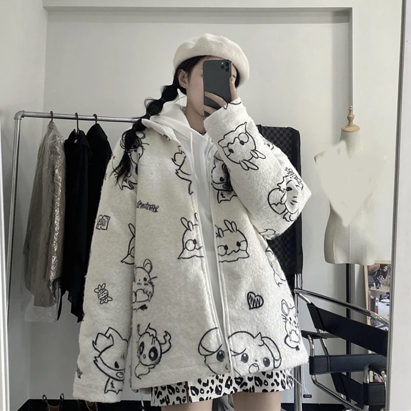 

Zip Up Lolita Coat Women Winter 2020 Harajuku Loose Overcoat Korea Cute Cartoon Print Faux Fur Thick All-Match JK Jacket Girls