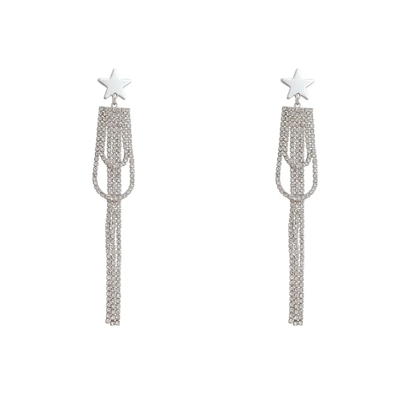 

LOVOACC Sparkly Rhinestone Tassel Earrings for Women Silver Color Star Long Hanging Dangle Earrings Statement Party Jewelry