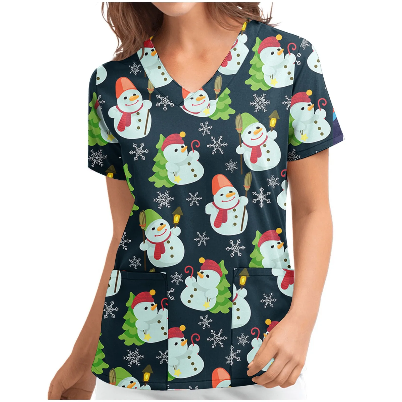Униформа медсестры на Рождество с коротким рукавом и принтом снеговика |