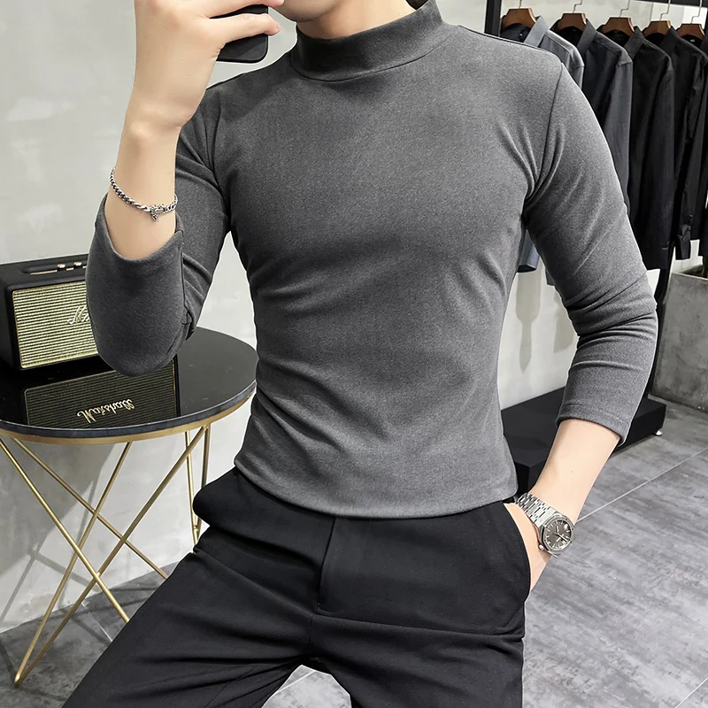 

Autumn Winter Fleece T Shirt For Men Asian Size Half Turtleneck Long Sleeve Slim Fit Mens Basic T-Shirts Camisetas Hombre M-3XL