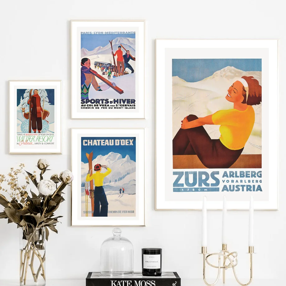 Картина Лыжная Девушка Ретро Холст Плакаты кабель Автомобиль картины доска очки